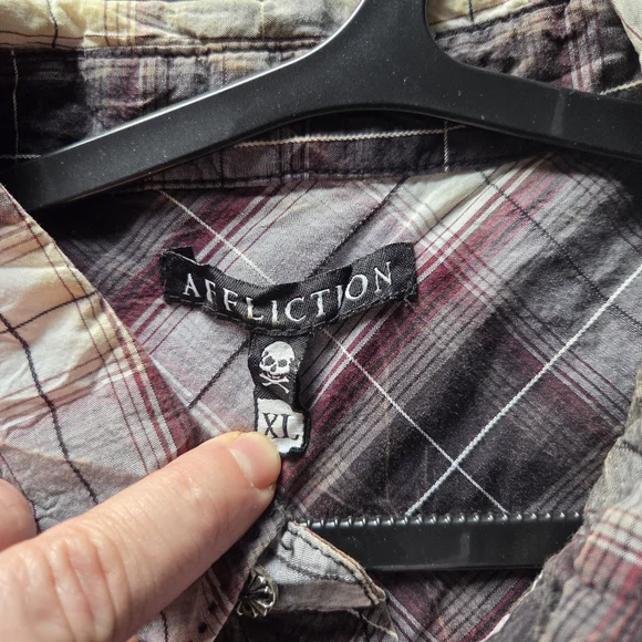 Affliction Mens Red and Black Long Sleeve Plaid Button Down Shirt - Picture 4 of 7